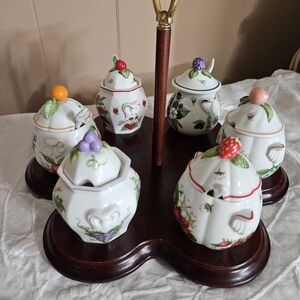 Vintage Lenox 1991 Orchard 6 Jam/Jelly Jar Set w/ 4 spoons and Serving Stand